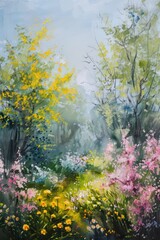 Oil painting featuring a beautiful natural scene in spring, with the rough canvas texture resembling the strokes of a palette knife.
