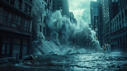 A towering wall of water crashes through the city engulfing buildings and leaving destruction in its wake. - obrazy, fototapety, plakaty