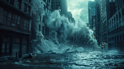 Foto op Aluminium A towering wall of water crashes through the city engulfing buildings and leaving destruction in its wake. © Justlight