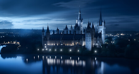 Fototapeta na wymiar the castle is lit up in the dark at night