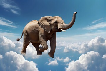 An elephant appears to be soaring through a bright blue sky dotted with fluffy white clouds, a playful twist on the concept of weightlessness. - obrazy, fototapety, plakaty