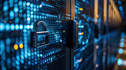 Data Security Concept in Server Room
. Close-up of a secure padlock icon on the digital screen of a server room, symbolizing data security and cyber protection.
