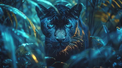 Fotobehang a black panther is standing in the jungle looking at the camera © yuchen