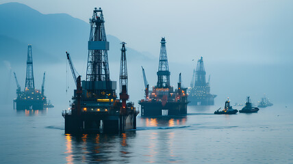 Fototapeta premium A group of oil rigs are in the ocean. The sky is cloudy and the water is calm