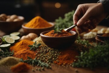 chef prepare herbs and spices to add flavor to food - obrazy, fototapety, plakaty