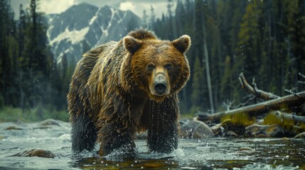 A carnivorous brown bear wading through river in natural landscape - obrazy, fototapety, plakaty