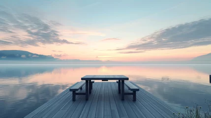 Plexiglas foto achterwand Wooden bench near the lake © kitti
