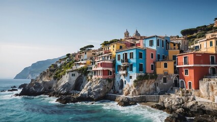 Fototapeta na wymiar Italian Coastal, Colorful Houses Adorn the Scenic Coastline