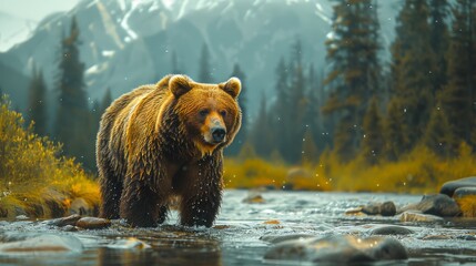 Brown bear crossing river in natural ecoregion landscape