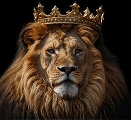 Naklejka premium Portrait of a lion king in a crown on a black background.