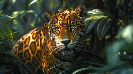a jaguar is sitting in the jungle looking at the camera