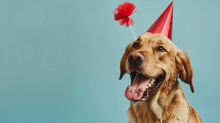 A cute dog with a party hat and party glitter  ,golden retriever wearing birthday cake in the background
