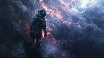 A man in a spacesuit is floating in space - obrazy, fototapety, plakaty