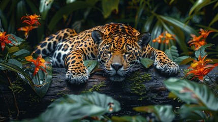A Felidae carnivore, the jaguar is resting on a log in the jungle - Powered by Adobe