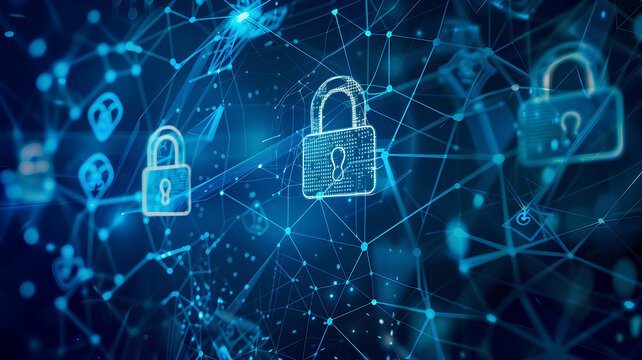 Secure Data Center Network with Padlock Symbol
. A data center network is depicted by glowing nodes and a central padlock, symbolizing robust cybersecurity measures in place.
