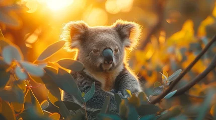 Wandcirkels aluminium Carnivore koala sits in tree at sunset in natural landscape © yuchen