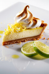 Delicious key lime pie and lemon meringue tart on pristine white surface