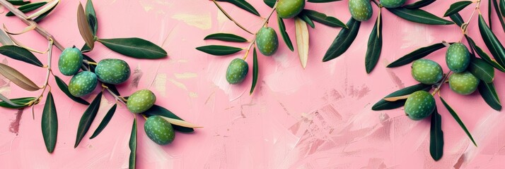 Illustration of fresh olives on pink background  - obrazy, fototapety, plakaty
