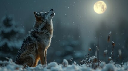 A carnivorous wolf howls at the moon in the snowy atmosphere