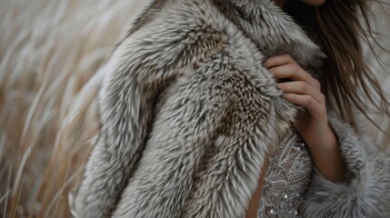 A woman in a gl gown delicately runs her fingers along the soft fabric of a luxurious fur coat imagining the feeling of wearing it. . . - obrazy, fototapety, plakaty