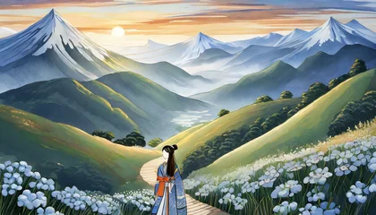 Fototapeten 산을 타고있는 여자, 산 풍경  © jinsub