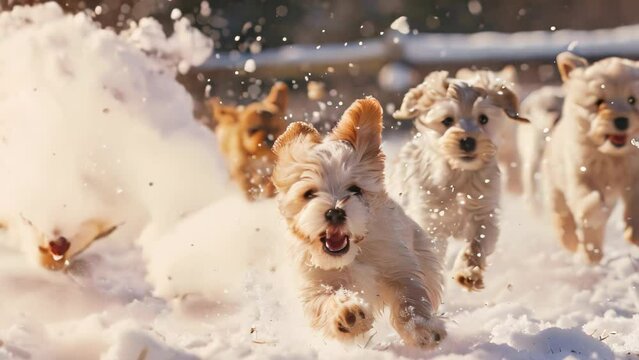 dog running at snow. 4k video animation