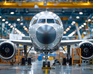 Modern Passenger Jet in Aircraft Assembly Facility