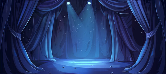 Dark blue theater curtains with spotlight on stage, theatrical drapery template - obrazy, fototapety, plakaty