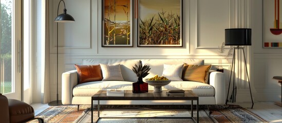 Modern living room with horizontal poster above sofa, corn in vase, floor lamp, and carpet.