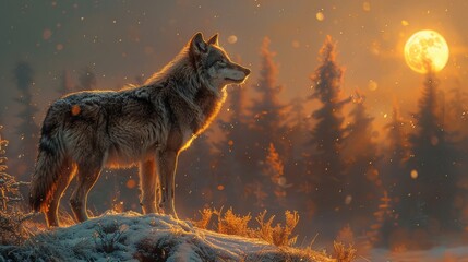 Carnivore Canidae with a snout standing on snowy rock at sunset in the woods