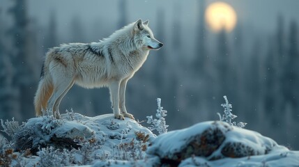 Carnivore white wolf perched on snowcovered rock in natural landscape