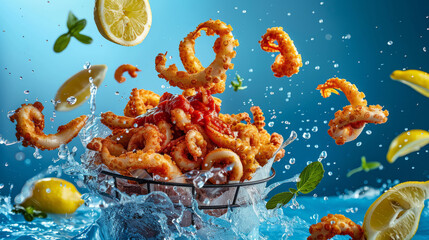 Calamari rings flying with lemon slices, splashing water against blue background emanating freshness and movement