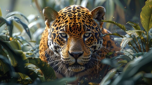 Felidae Jaguar with whiskers and sharp snout laying in grass, staring at camera