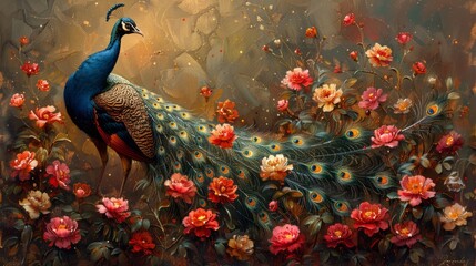 A peacock stands gracefully among colorful flowers in a natural landscape