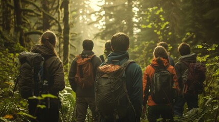 A team of adventurers prepares to venture deeper into the unknown forest backs braced for whatever challenges may lie ahead. . . - obrazy, fototapety, plakaty