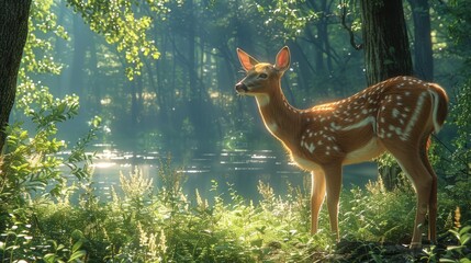 A deer grazes by the water in a natural landscape