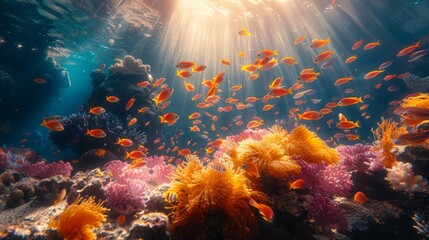 Vibrant coral reef teeming with fish and bathed in sunlight underwater