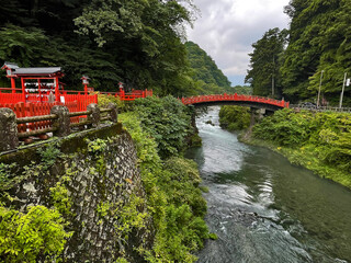 Historical Symbolism: Nikko Temple Red Bridge and river, Tochigi Prefecture, Japan