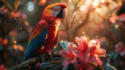 Colorful parrot with beak perched on branch next to flowers
