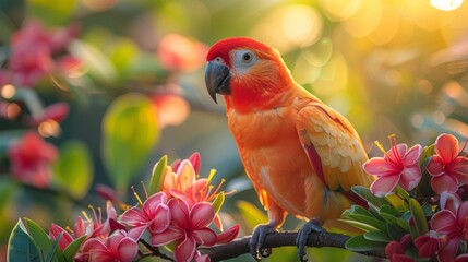 Parrot on branch with pink flowers, wing and eye visible