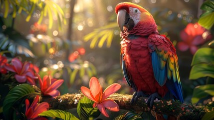 Colorful parrot on a jungle branch, surrounded by lush flora and vibrant petals