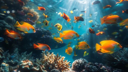 Group of fish swimming in fluid near coral reef in underwater world