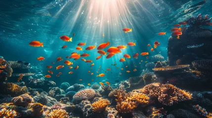 Fototapeten Fish swim near coral reef in electric blue waters of the ocean © yuchen