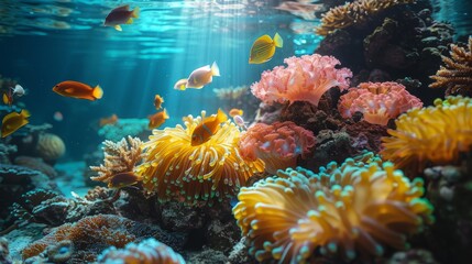Underwater coral reef with fish and sea anemones in natural fluid environment