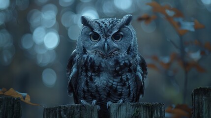 A Screech Owl perches on a tree stump in the woods