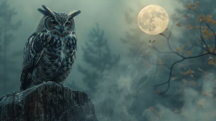 Great horned owl perched on tree stump under full moon