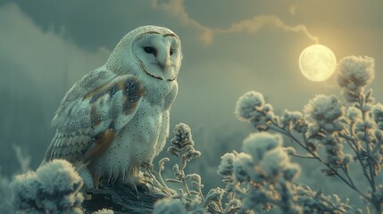 Barn owl perched on branch in field at night, a majestic bird of prey