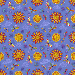 vector seamless color dandelion floral pattern of spirals, swirls, doodles - 769306542