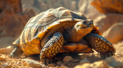 A Chelonoidis turtle crawls in the desert, a terrestrial event in nature - obrazy, fototapety, plakaty