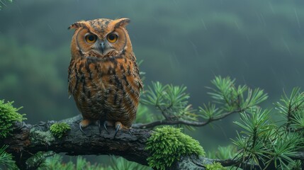 Bird of prey, Owl, perched on tree branch in natural landscape of woods